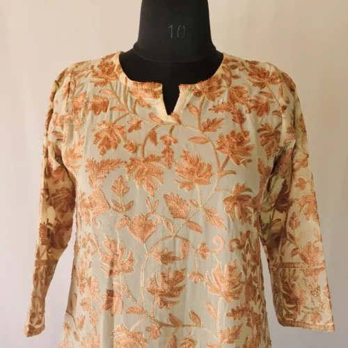 Long Kurti in Yellow Georgette with Kashmiri Aari Embroidery - Zuleikha
