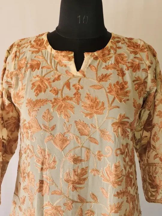 Gulbahar Pastel Yellow Kashmiri Long Georgette Kurta with Aari Embroidery