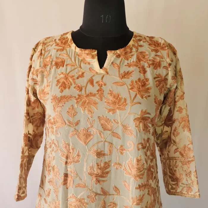 Long Kurti in Yellow Georgette with Kashmiri Aari Embroidery - Zuleikha
