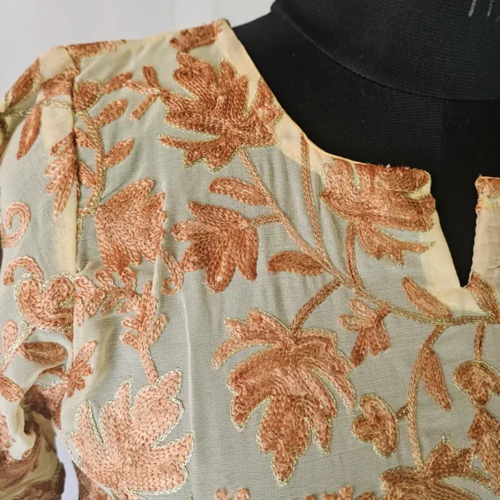 Long Kurti in Yellow Georgette with Kashmiri Aari Embroidery - Zuleikha - Image 2