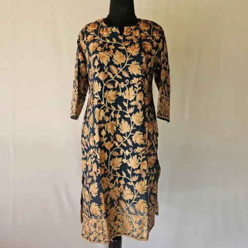 Dark Green Kashmiri Aari Work - Gulnaaz Long Kurti in Soft Georgette