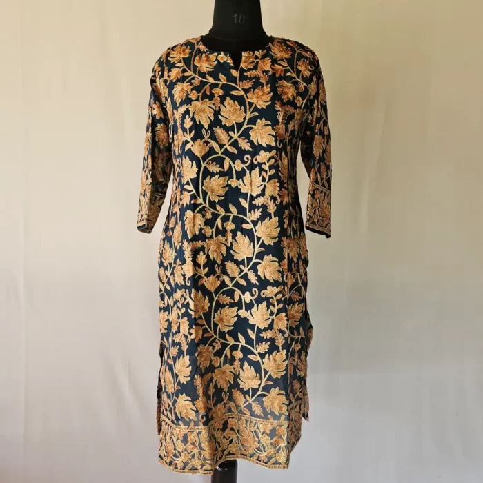 Dark Green Kashmiri Aari Work - Gulnaaz Long Kurti in Soft Georgette - Image 3