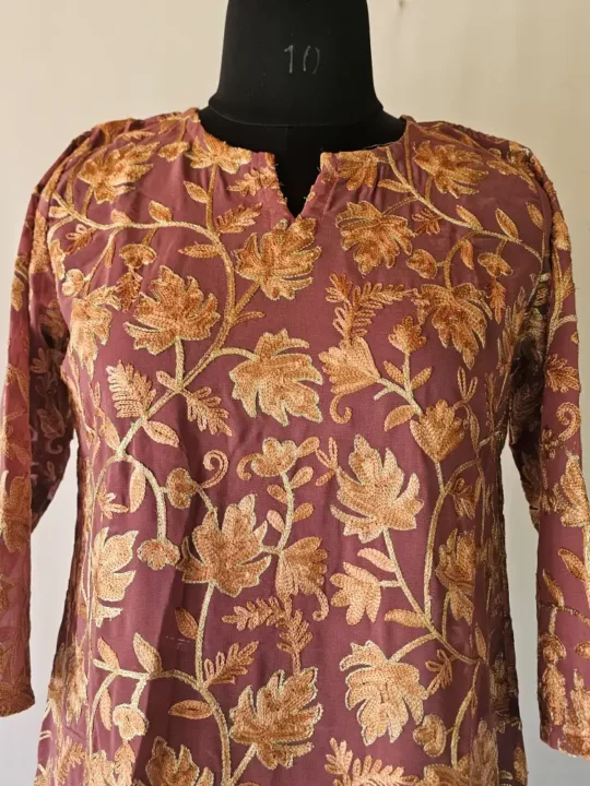 Zarna Kashmiri Long Kurti in Georgette with Chinari Aari Work