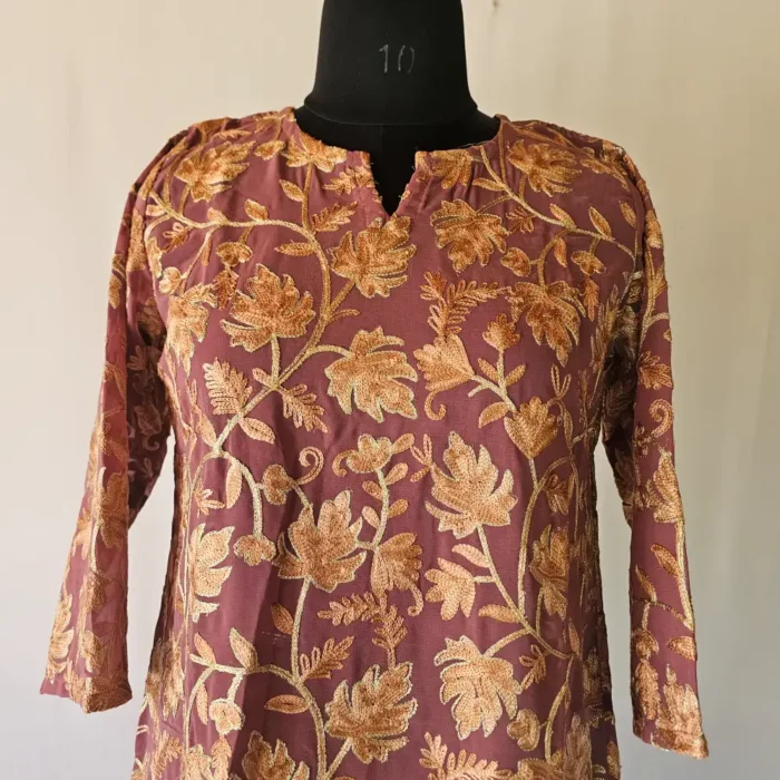 Zarna Magenta Kashmiri Long Kurti in Georgette with Chinari Aari Work