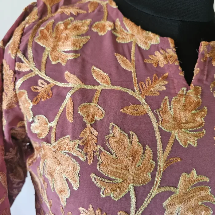 Zarna Magenta Kashmiri Long Kurti in Georgette with Chinari Aari Work - Image 3