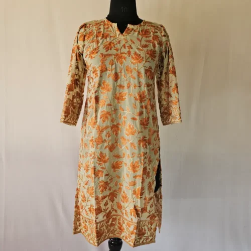 Gulbahar Cream Kashmiri Long Georgette Kurta with Aari Embroidery