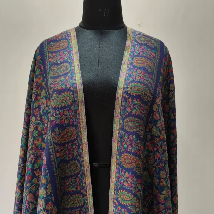 Zawar Kashmiri Lokut Badami Dark Blue Wool Kani Shawl for Men - Image 2