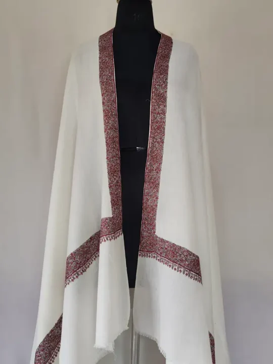 Hashmat Hand Sozni Hashidar White Kashmiri Shawl in Wool for Men