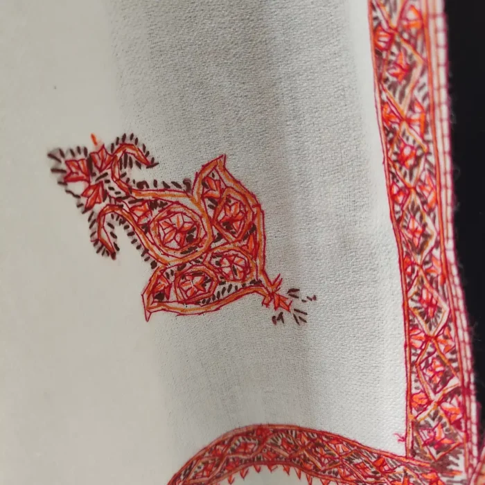 Wool Hand Sozni White Hashidar Shawl for Men from Kashmir - Image 4