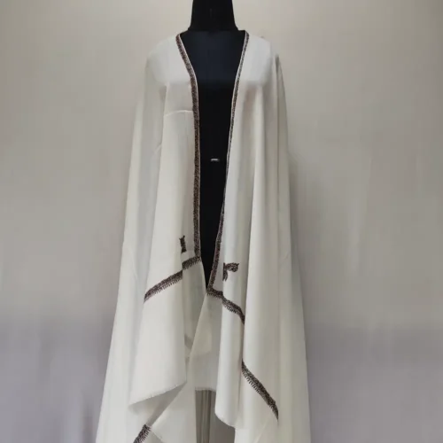 Kashmiri White Hashidar Wool Shawl for Gentlemen in Hand Sozni Embroidery
