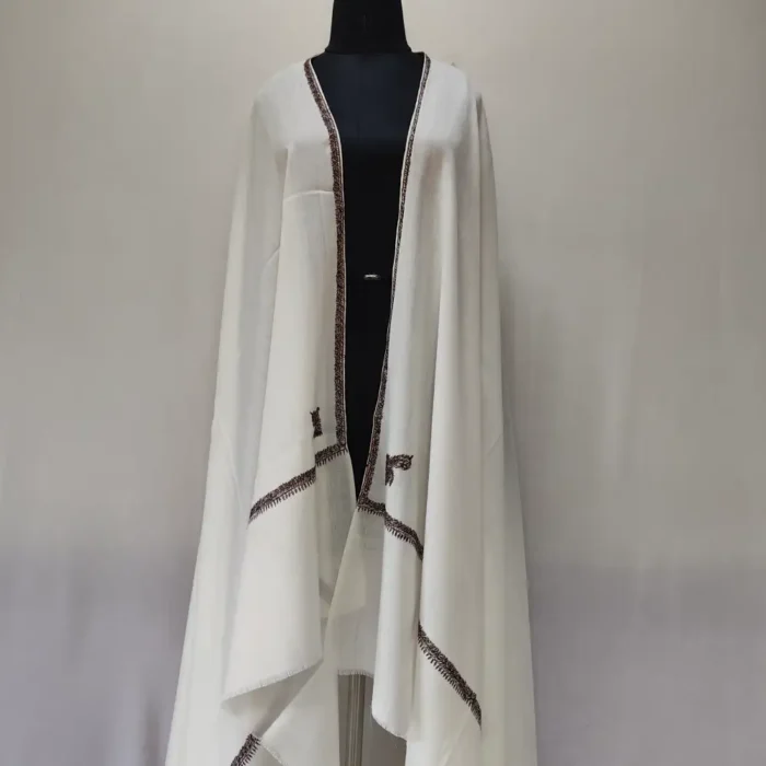 Kashmiri White Hashidar Wool Shawl for Gentlemen in Hand Sozni Embroidery