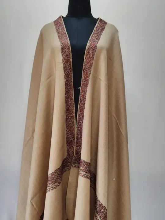 Beige Hand Sozni Embroidered Kashmiri Hashidar Shawl in Wool for Men