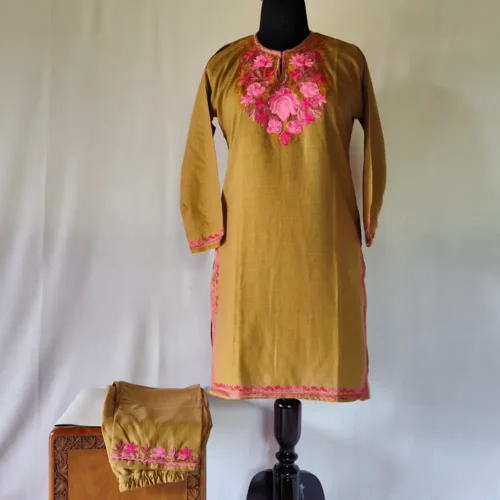 Kashmiri Beige Cotton Aari Embroidered Kurta Set - Aabroo Zunairah (10-11 years)