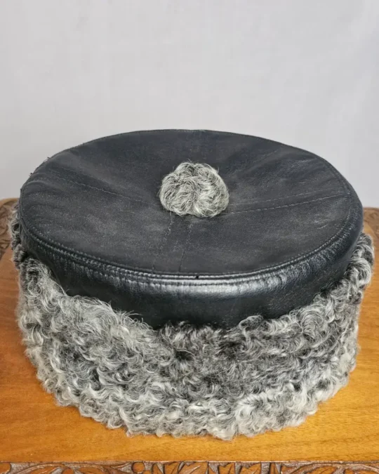 Grey Round Karakul Cap With Leather Top