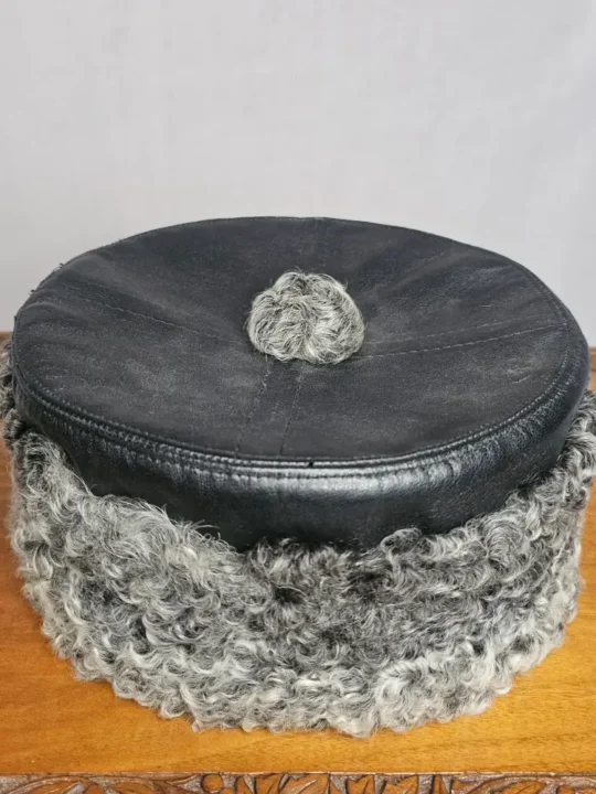 Grey Round Karakul Cap With Leather Top