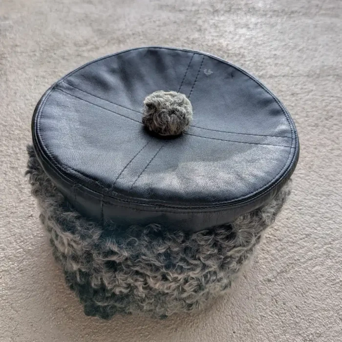 Grey Round Karakul Cap With Leather Top - Image 5