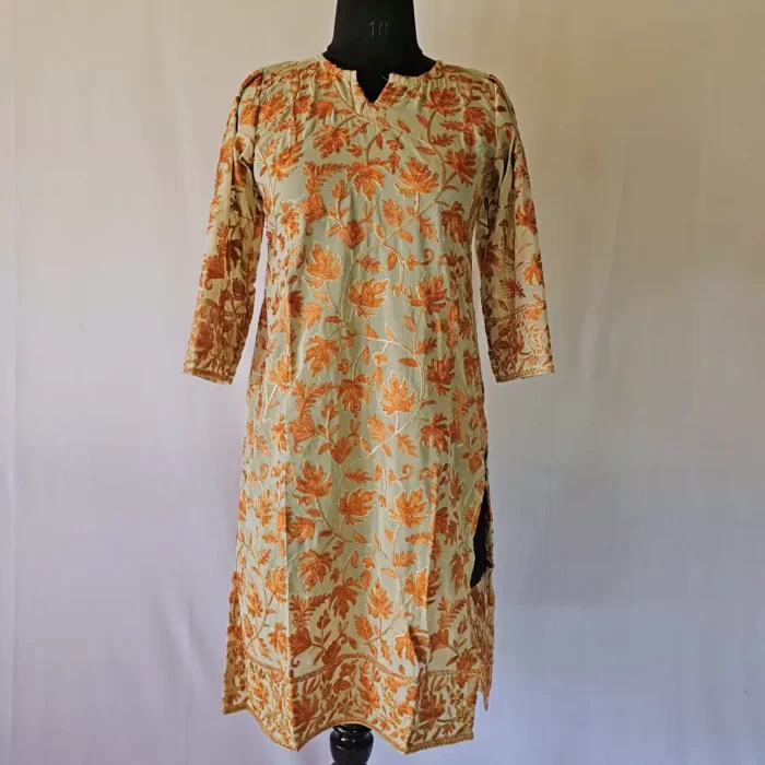 Long Kurti in Pastel Green Georgette with Kashmiri Aari Embroidery - Zuleikha - Image 3