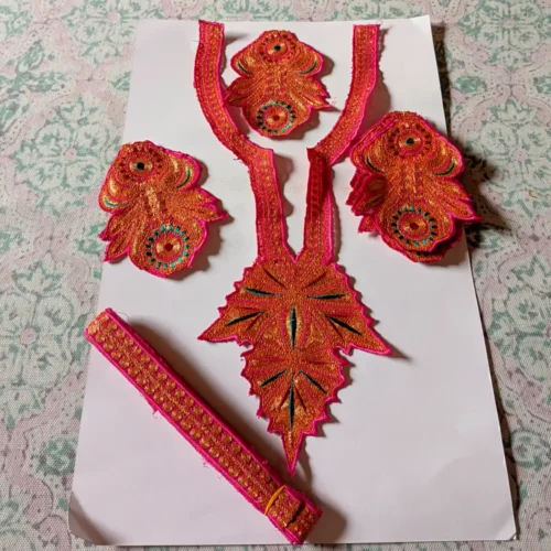 Tilla Embroidered Pink Kashmiri Eidgah Patch with Bootis and Lace