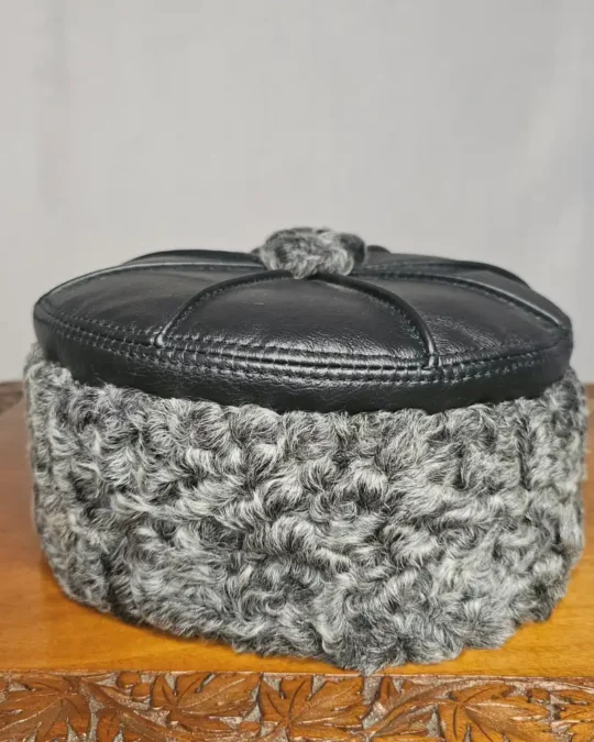 Round Grey Karakul Cap with Pure Leather | Six Panel Design
