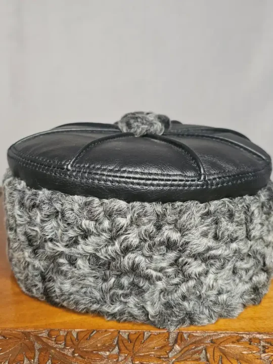 Round Grey Karakul Cap with Pure Leather | Six Panel Design