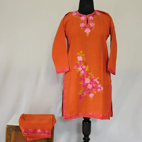 Kashmiri Rustic Orange Cotton Aari Embroidered Kurta Set - Zartaj Bahaar (8-9 years)