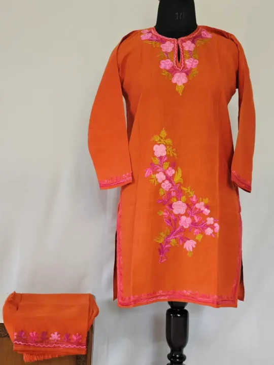 Girls Kashmiri Kurta Set Rustic Orange Cotton With Aari Embroidery - Zartaj (10-11 years)