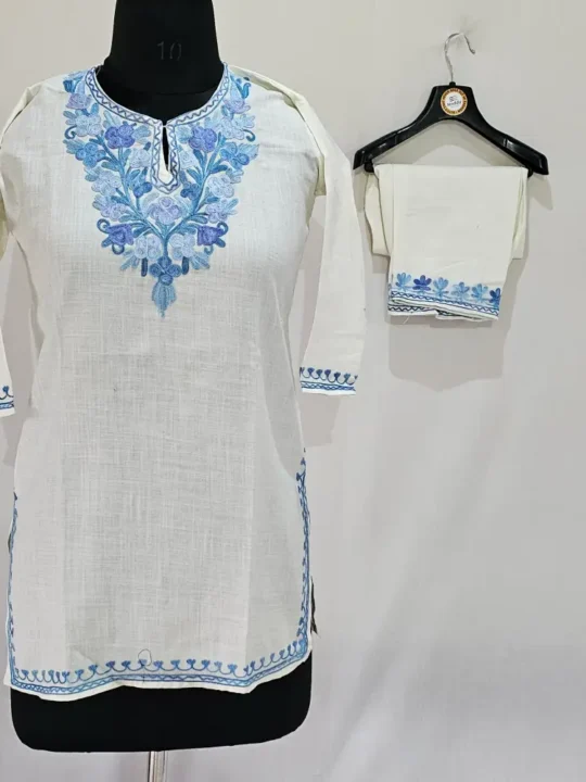 Kashmiri White Baby Girl Ruby Cotton Kurta Set with Aari - Phoolnaz Zoya (5-6 year )