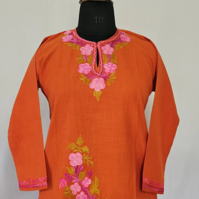 Girls Kashmiri Kurta Set Rustic Orange Cotton With Aari Embroidery - Zartaj (8-9 years) - Image 2