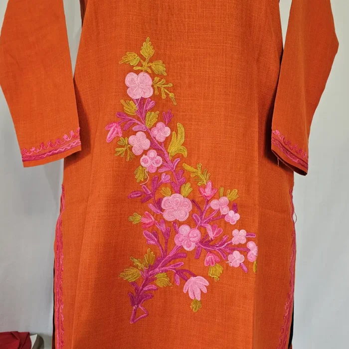 Girls Kashmiri Kurta Set Rustic Orange Cotton With Aari Embroidery - Zartaj (8-9 years) - Image 3