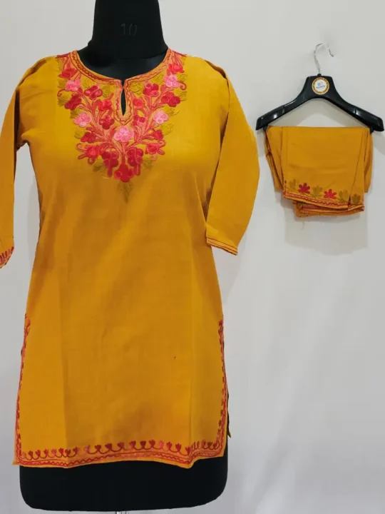 Mustard Kashmiri Cotton Aari Kurta Set for Small Girls - Lailah Bahar (6-7)