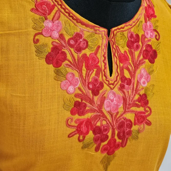 Mustard Kashmiri Cotton Aari Kurta Set for Small Girls - Lailah Bahar (5-6) - Image 3