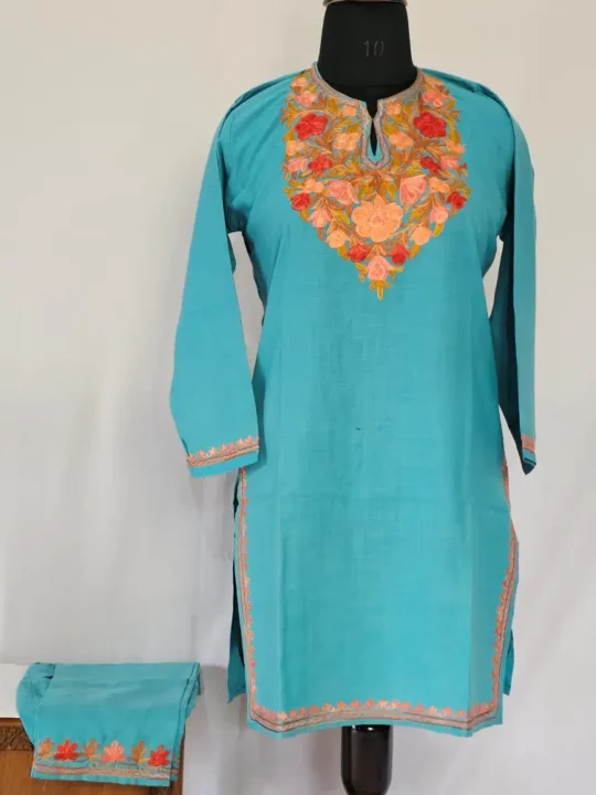 Kurta Set for Girls Kashmiri in Ruby Cotton Aari Embroidered (12-13Years)