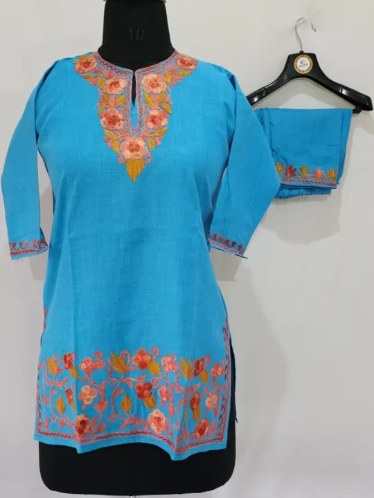 Blue Kashmiri Cotton Aari Kurta Set for Little Ones - Zunaira Mehak (6-7 years)
