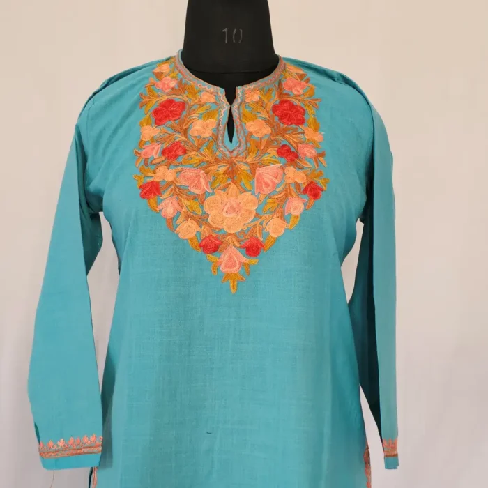Kurta Set for Girls Kashmiri in Ruby Cotton Aari Embroidered (9-10 Years) - Image 2