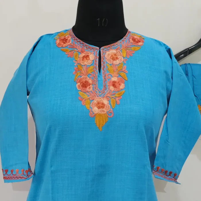 Blue Kashmiri Cotton Aari Kurta Set for Little Ones - Zunaira Mehak (6-7 years) - Image 2