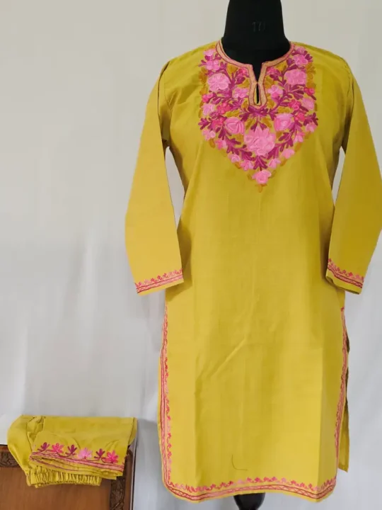 Bahar E Gulaab Kashmiri Mustard Cotton Aari Embroidered Girls Kurta Set (for 14-15 years)