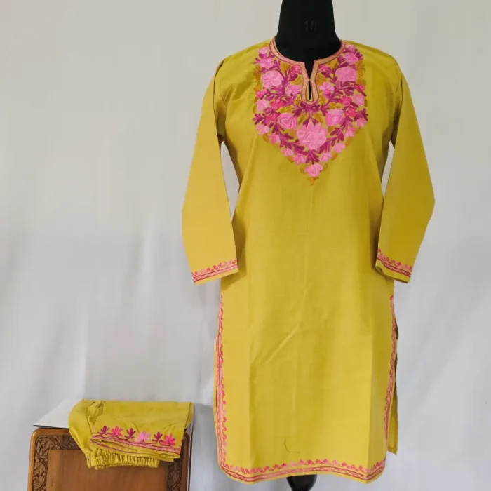 Bahar E Gulaab Kashmiri Mustard Cotton Aari Embroidered Girls Kurta Set (for 10-11 years)