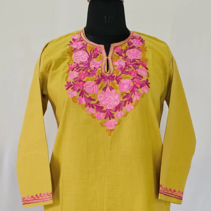 Bahar E Gulaab Kashmiri Mustard Cotton Aari Embroidered Girls Kurta Set (for 10-11 years) - Image 2