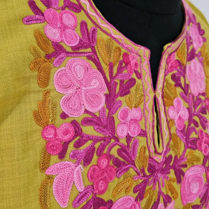 Bahar E Gulaab Kashmiri Mustard Cotton Aari Embroidered Girls Kurta Set (for 10-11 years) - Image 3