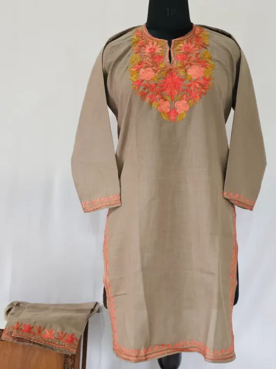 Noor Beige Kashmiri Cotton Kurta Set for Teenage Girls with Aari Work (14-15 years)
