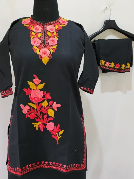 Zoya Black Cotton Aari Kashmiri Kurta Set for Small Girl (6-7 Years)