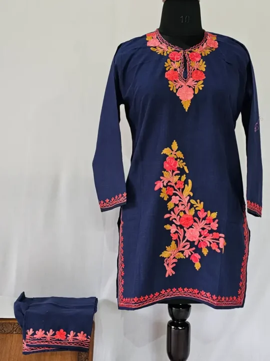 Ruhi Kashmiri Girls Cotton Kurta Set Dark Blue Aari Embroidered 8-9years)