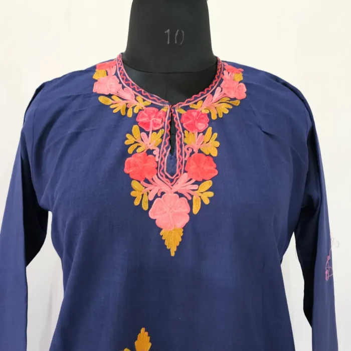 Ruhi Kashmiri Girls Cotton Kurta Set Dark Blue Aari Embroidered (7-8 years) - Image 3