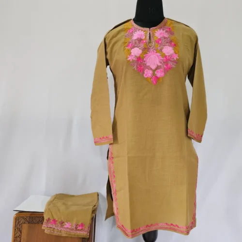 Kashmiri Beige Cotton Aari Embroidered Kurta Set - Aabroo Zunairah (10-11 years)