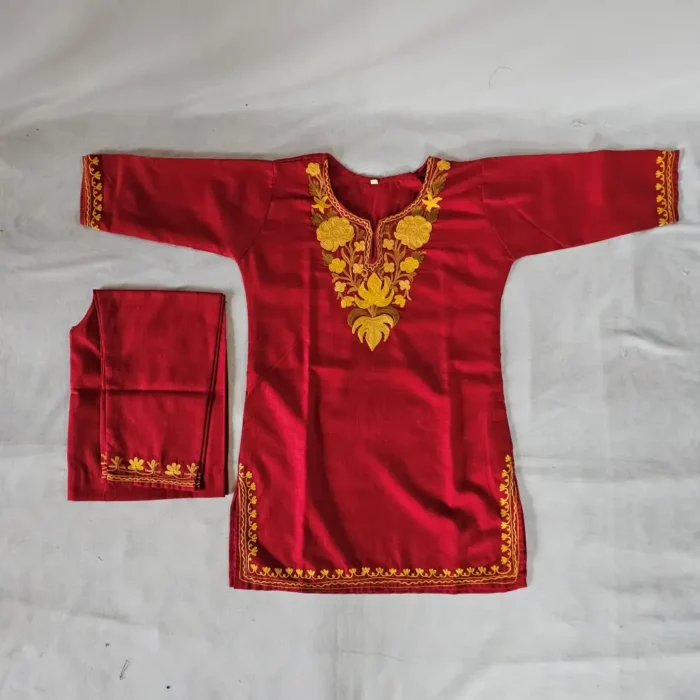 Maroon Kashmiri Cotton Aari Kurta Set for Kids – Gul Aafreen (4-5 Years)