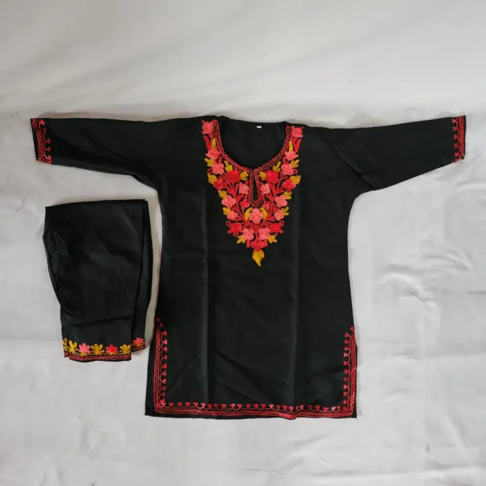 Mahjabeen Black Kashmiri Cotton Aari Embroidered Kurta Set (4-5 Years)