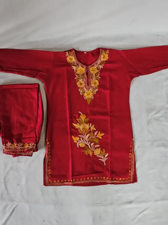 Saba Cotton Aari Work Kashmiri Red Kids Kurta Set (5-6 Years)
