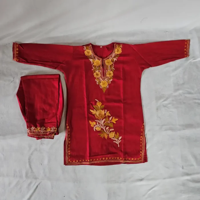Saba Cotton Aari Work Kashmiri Red Kurta Set  (4-5 Years)