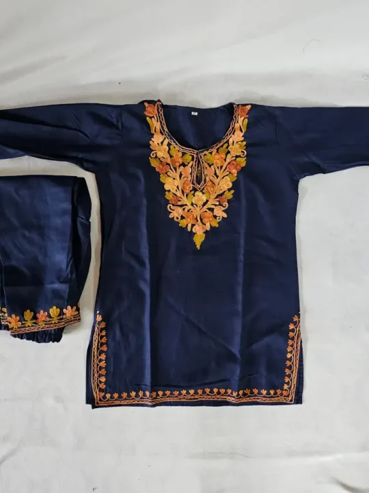 Dark Blue Ruby Cotton Shagufta Kashmiri Aari Work Kids Kurta Set (5-6 Years)