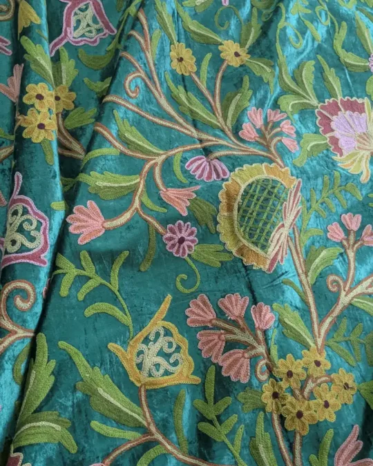 Kashmiri Green Velvet Curtain Noorbagh With Crewel Embroidery